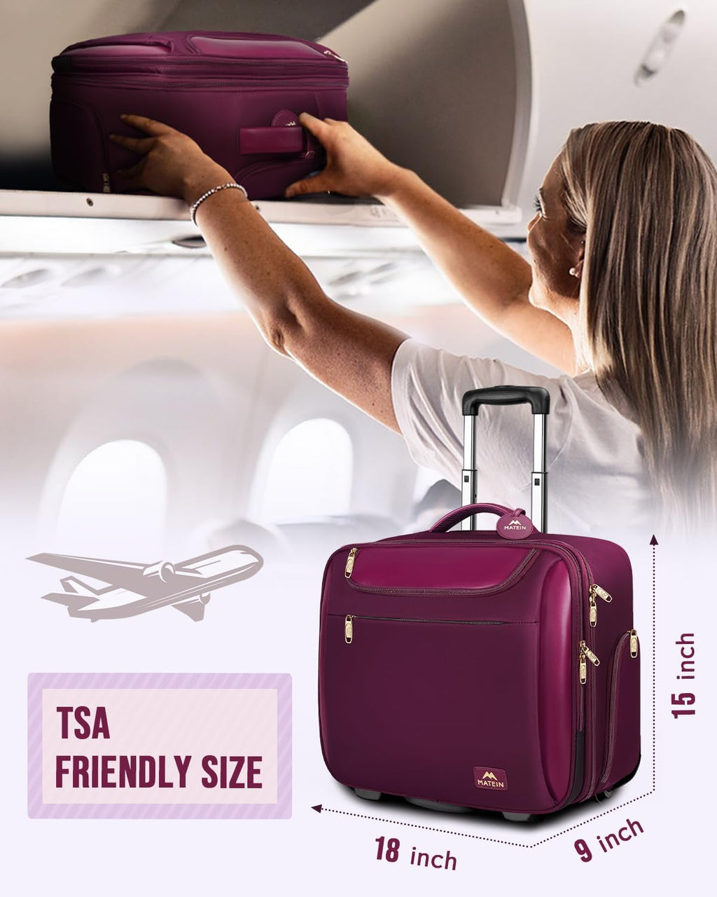 Large 17 Inch Purple Rolling Laptop Travel Bag with Wheels A227