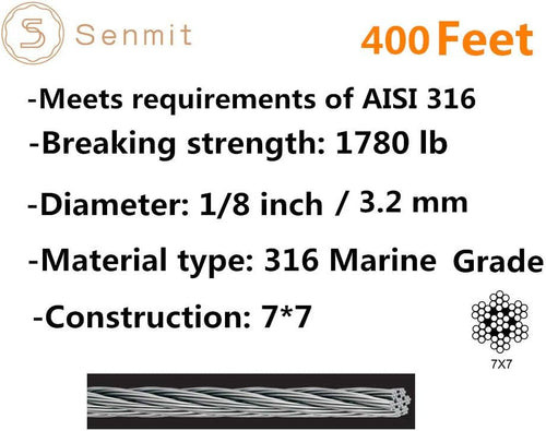 1/8 Stainless Steel Aircraft Wire Rope 7 x 7 400 Feet M28004