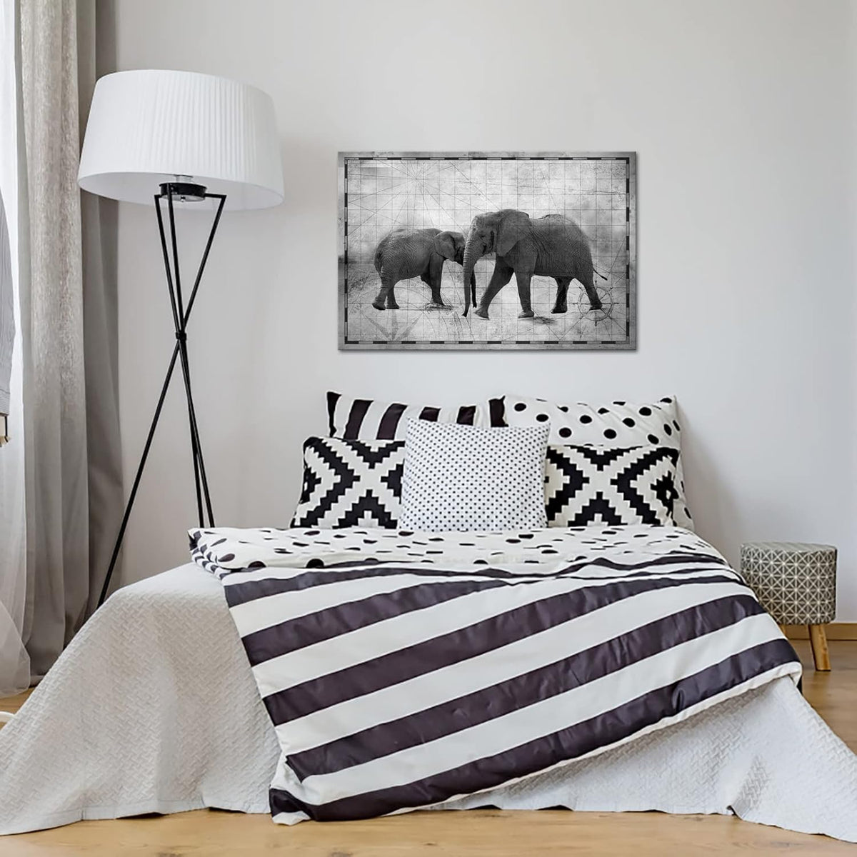 Vintage African Animals Wall Art Elephant Print on Nautical Map Canvas Picture Framed A880338