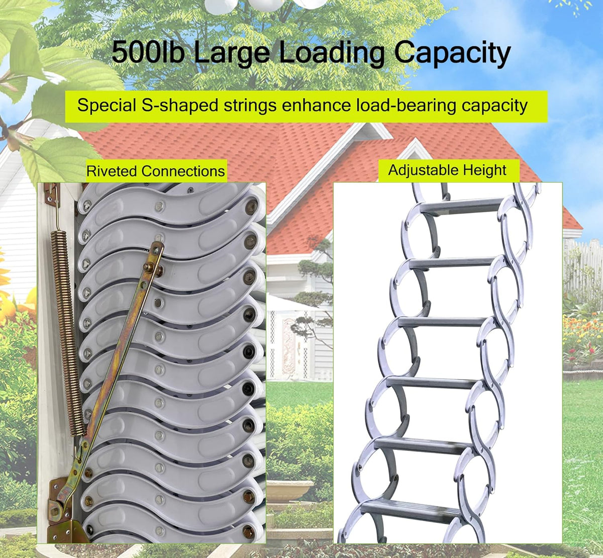 Al-Mg Alloy Attic Steps Pull Down 12 Steps Folding Ladder with Armrests 9.8ft Height 27.6x27.6in Frame Size T919616