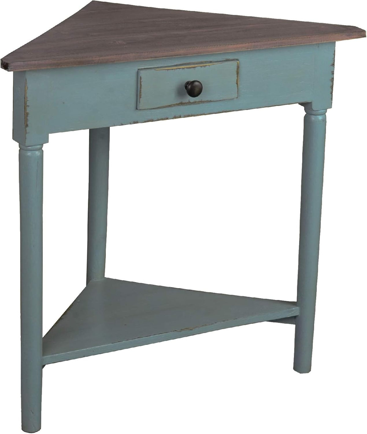 Distressed Beach Blue and Brown Triangular Corner Table with Drawer B6318