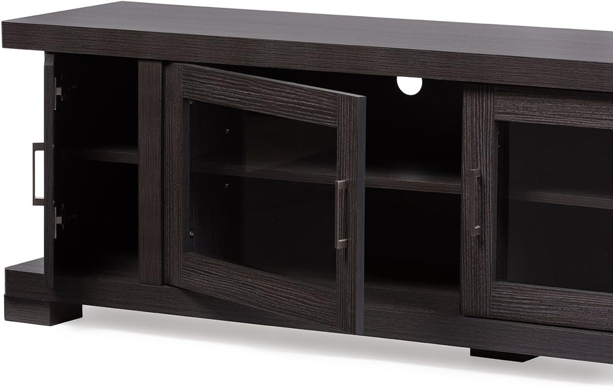 Dark Brown Wood TV Cabinet with 2 Glass Doors R4206