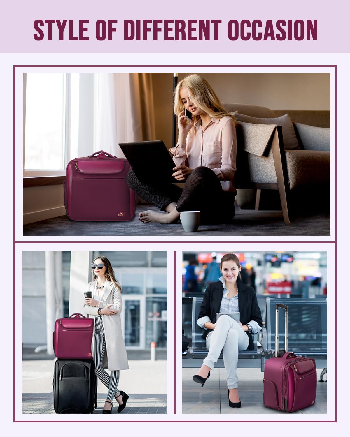 Large 17 Inch Purple Rolling Laptop Travel Bag with Wheels A227