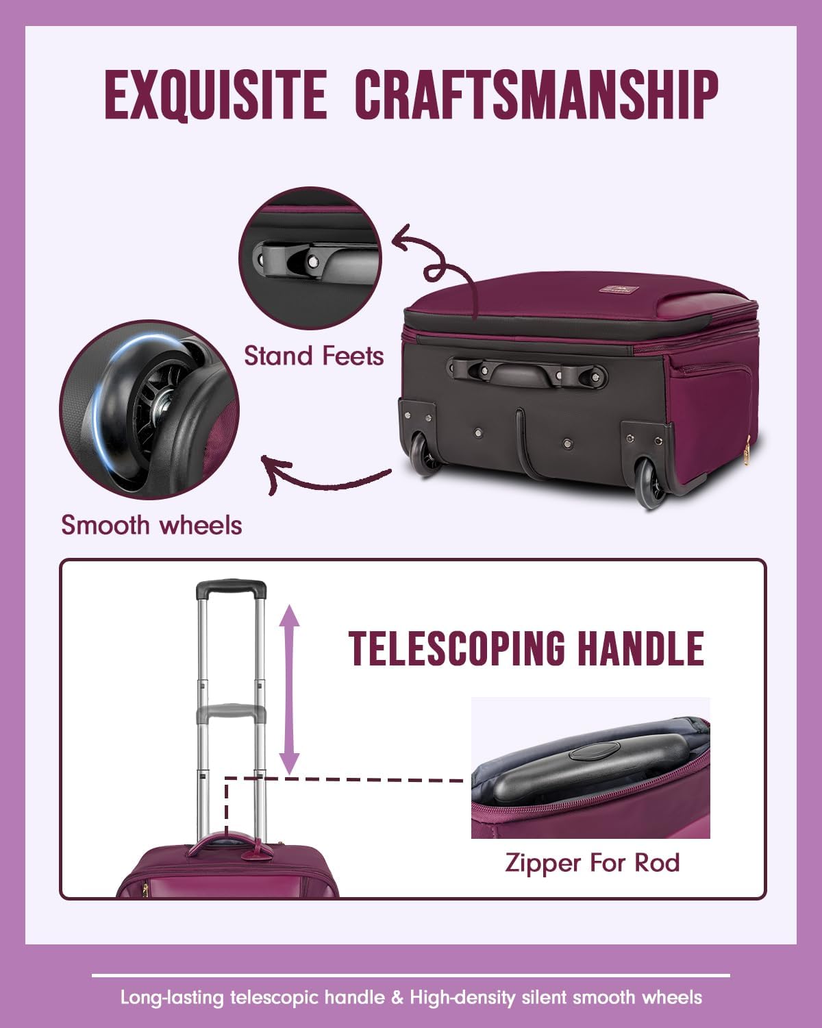 Large 17 Inch Purple Rolling Laptop Travel Bag with Wheels A227
