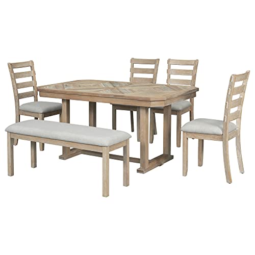 6-Piece Rubber Wood Dining Table Set with 4 Cushioned Chairs and Bench, Light Gray J9934