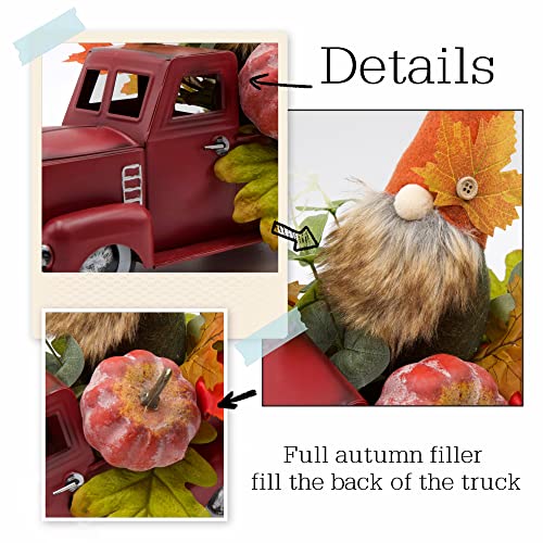 Vintage Turquoise Metal Truck with Gnomes Pumpkin Maple Leaf Farmhouse Table Top Fall Decor, 12 inch N776