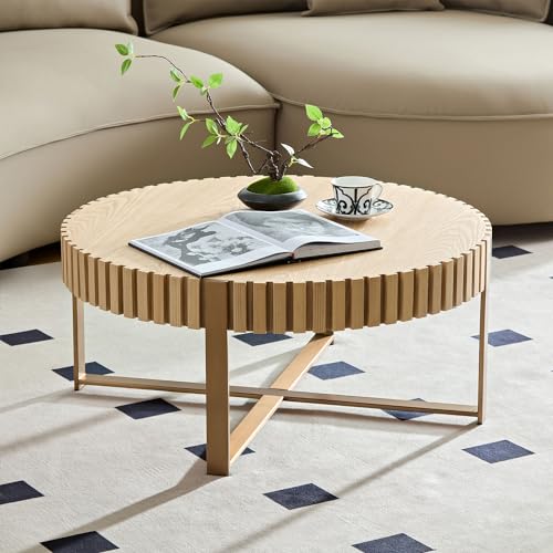 31.5'' Round Solid Wood Coffee Table with Stainless Steel Gold Legs N18372