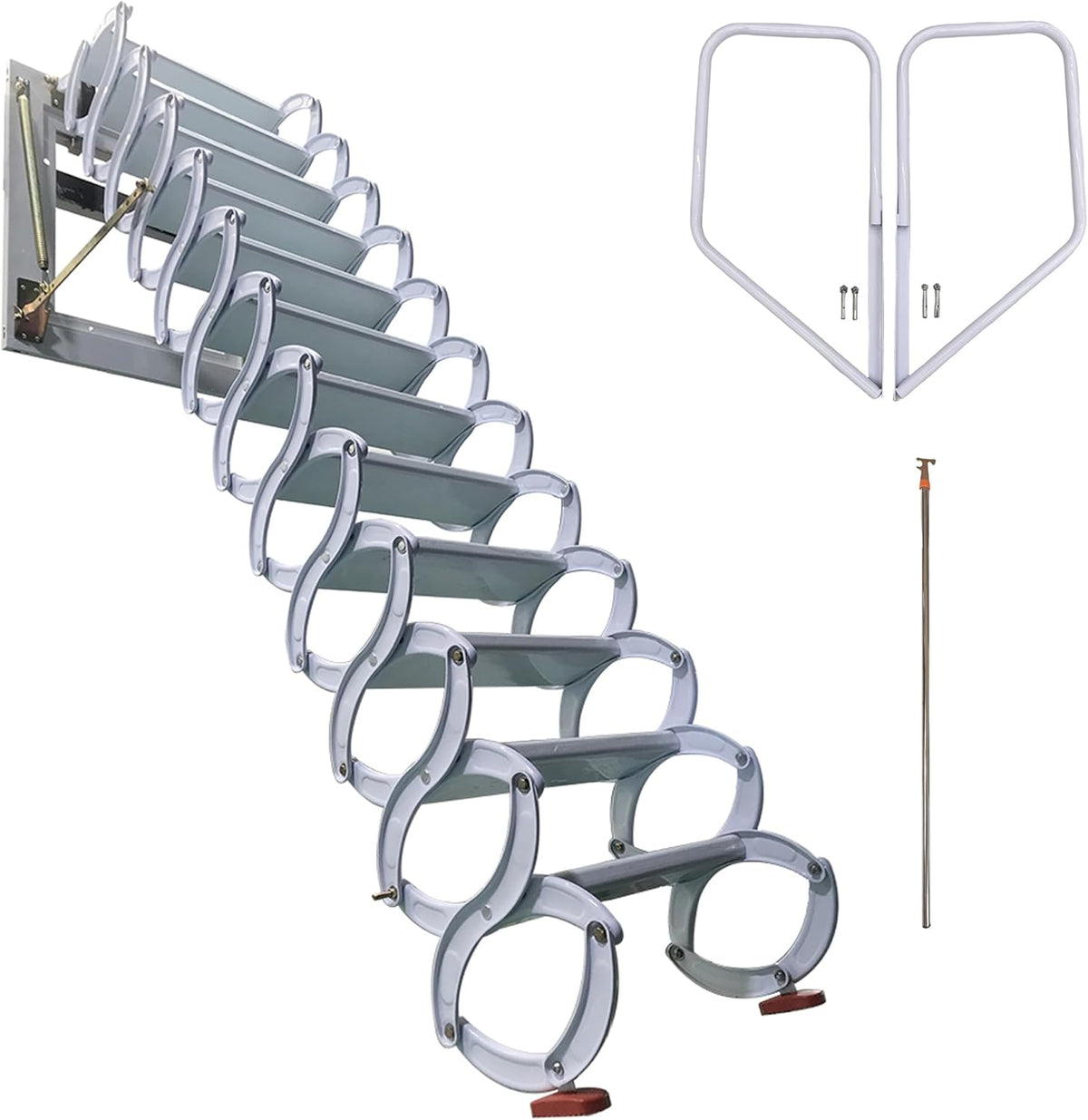 Al-Mg Alloy Attic Steps Pull Down 12 Steps Folding Ladder with Armrests 9.8ft Height 27.6x27.6in Frame Size T919616