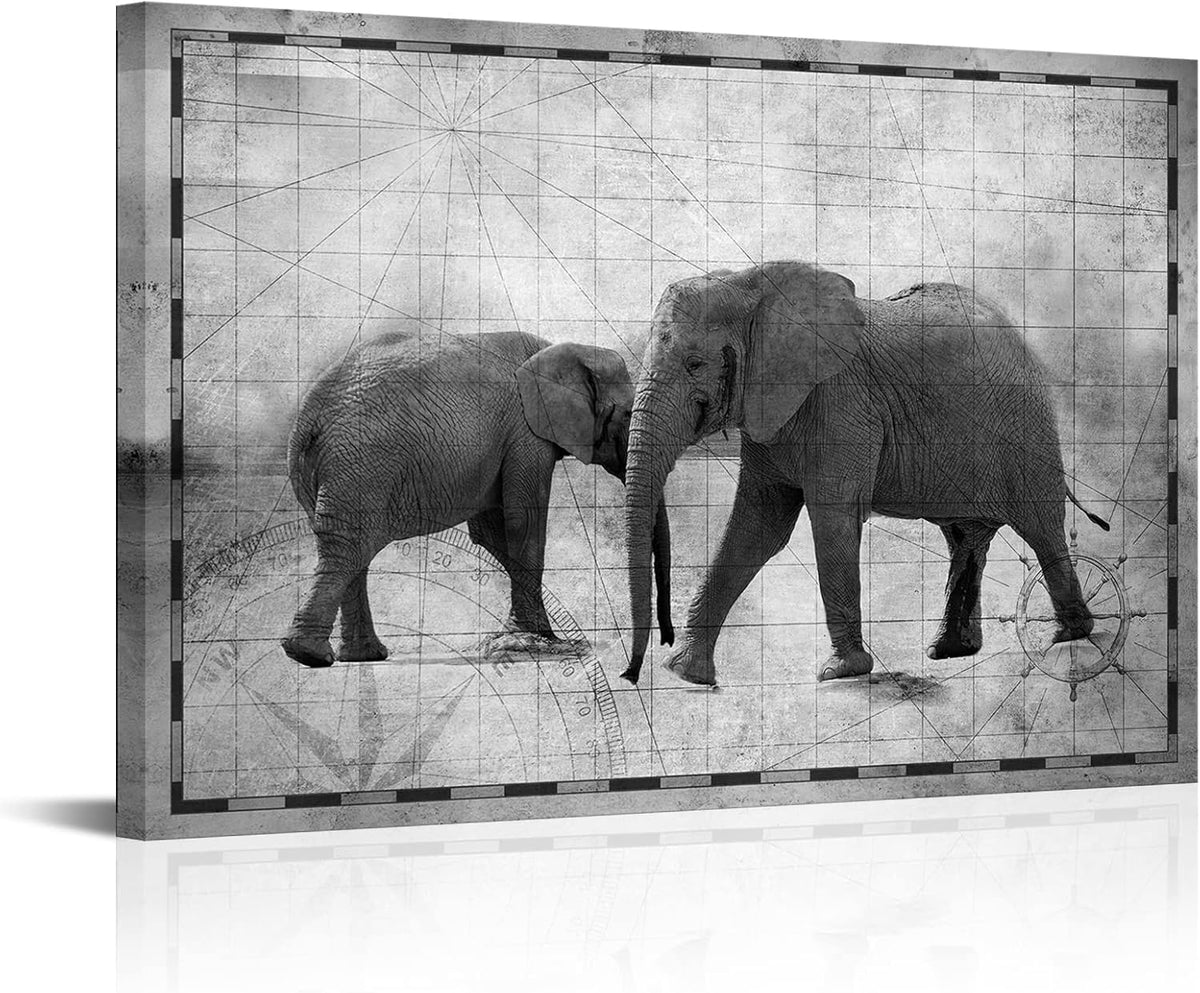 Vintage African Animals Wall Art Elephant Print on Nautical Map Canvas Picture Framed A880338
