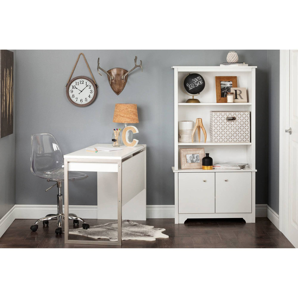 Pure White 3-Shelf Bookcase with Doors A50517