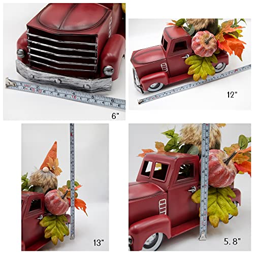 Vintage Turquoise Metal Truck with Gnomes Pumpkin Maple Leaf Farmhouse Table Top Fall Decor, 12 inch N776
