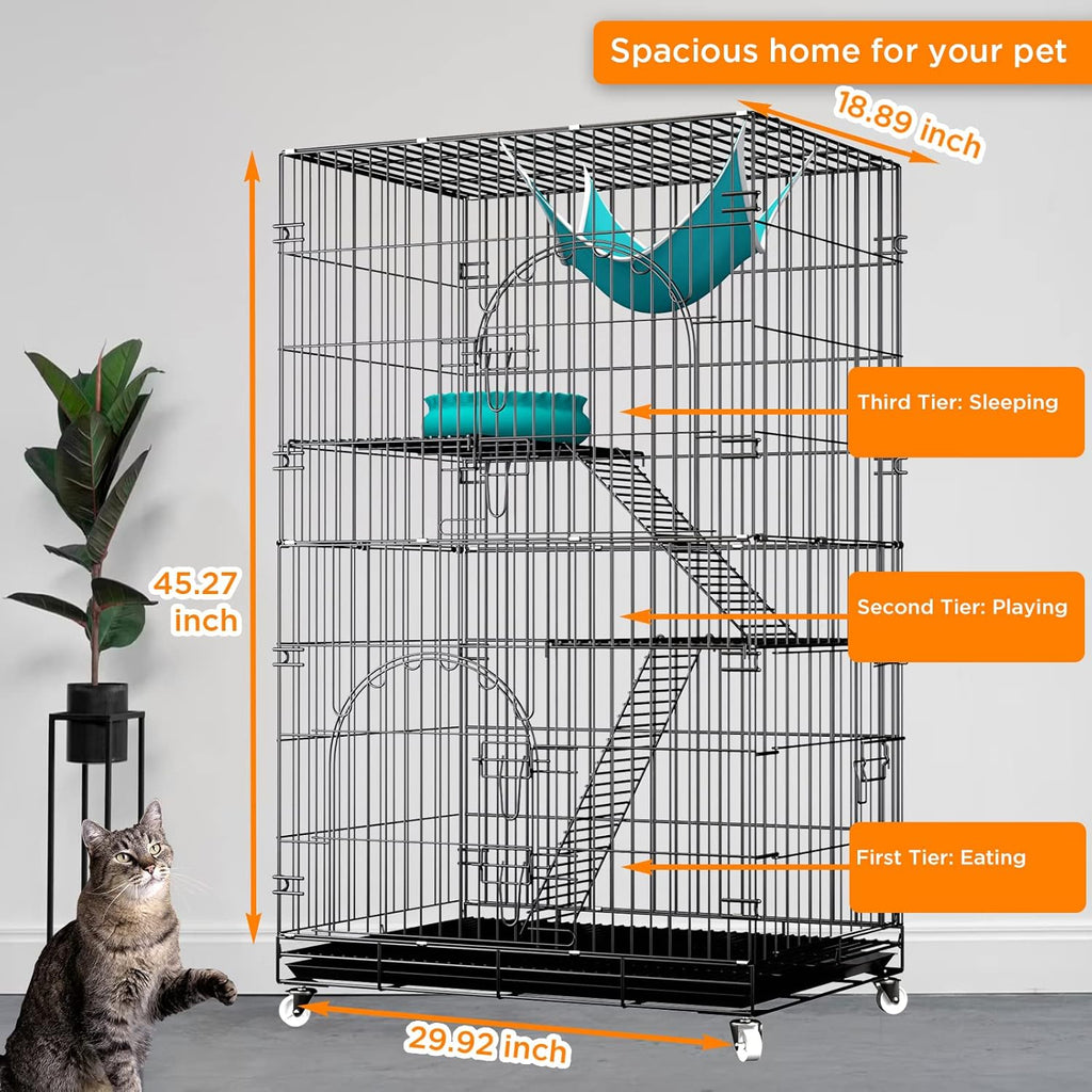 46 inch 3-Tier Folding Metal Wire Cat Cage with Wheels Shelves Ladders Tray F42240
