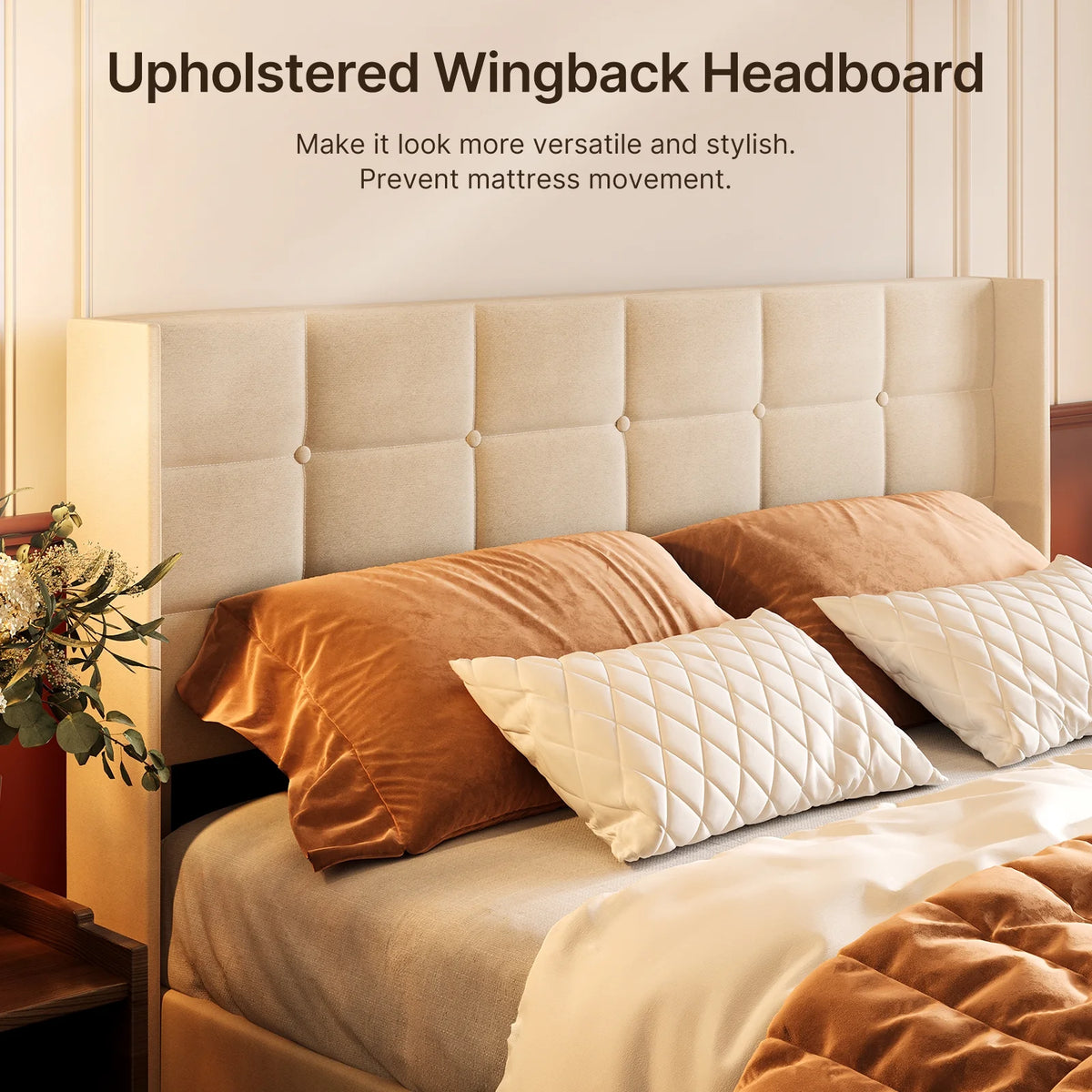 Beige Full Size Hydraulic Storage Bed Frame with Wingback Headboard H88660