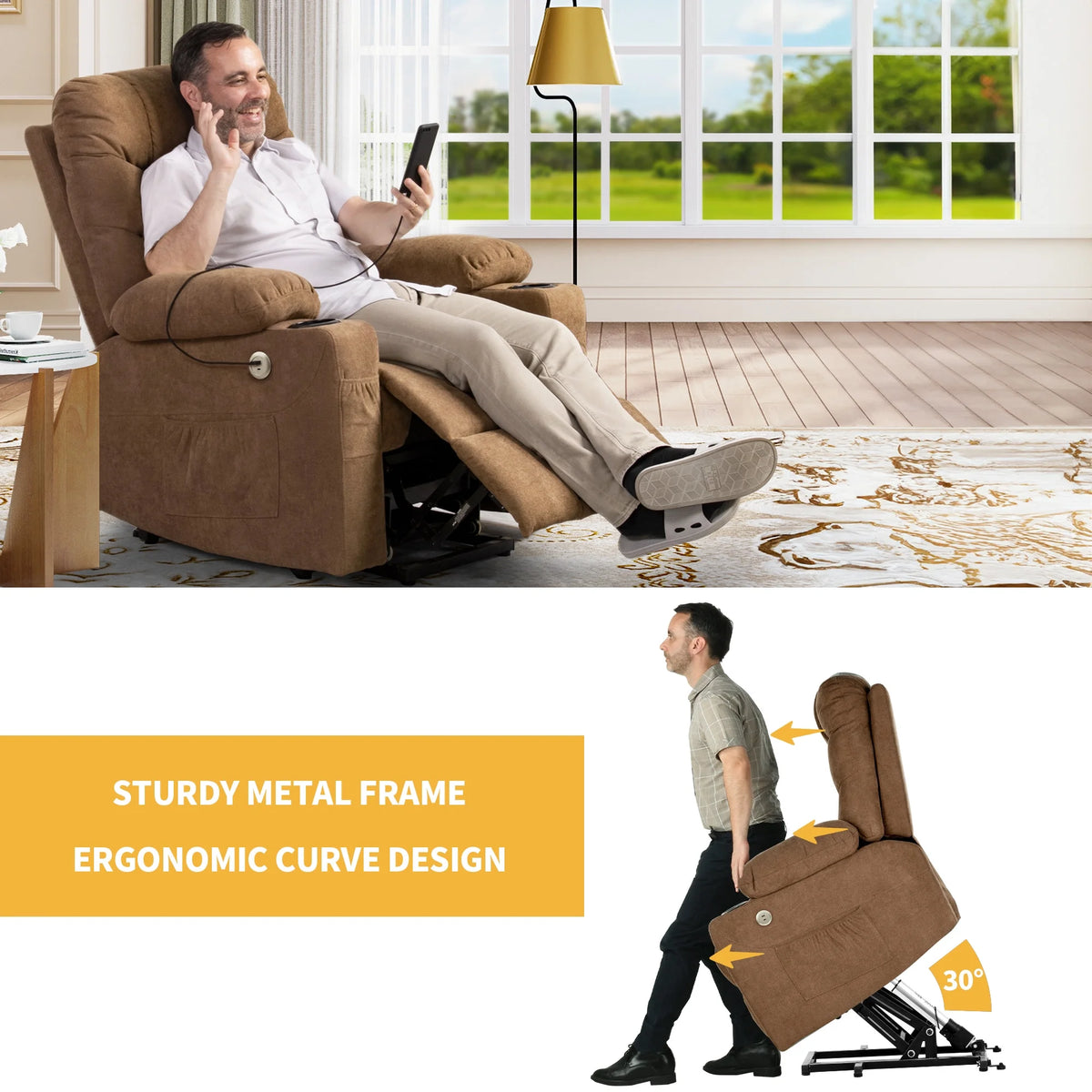 Brown Fabric Power Lift Recliner Chair with Massage and Heat Q79541