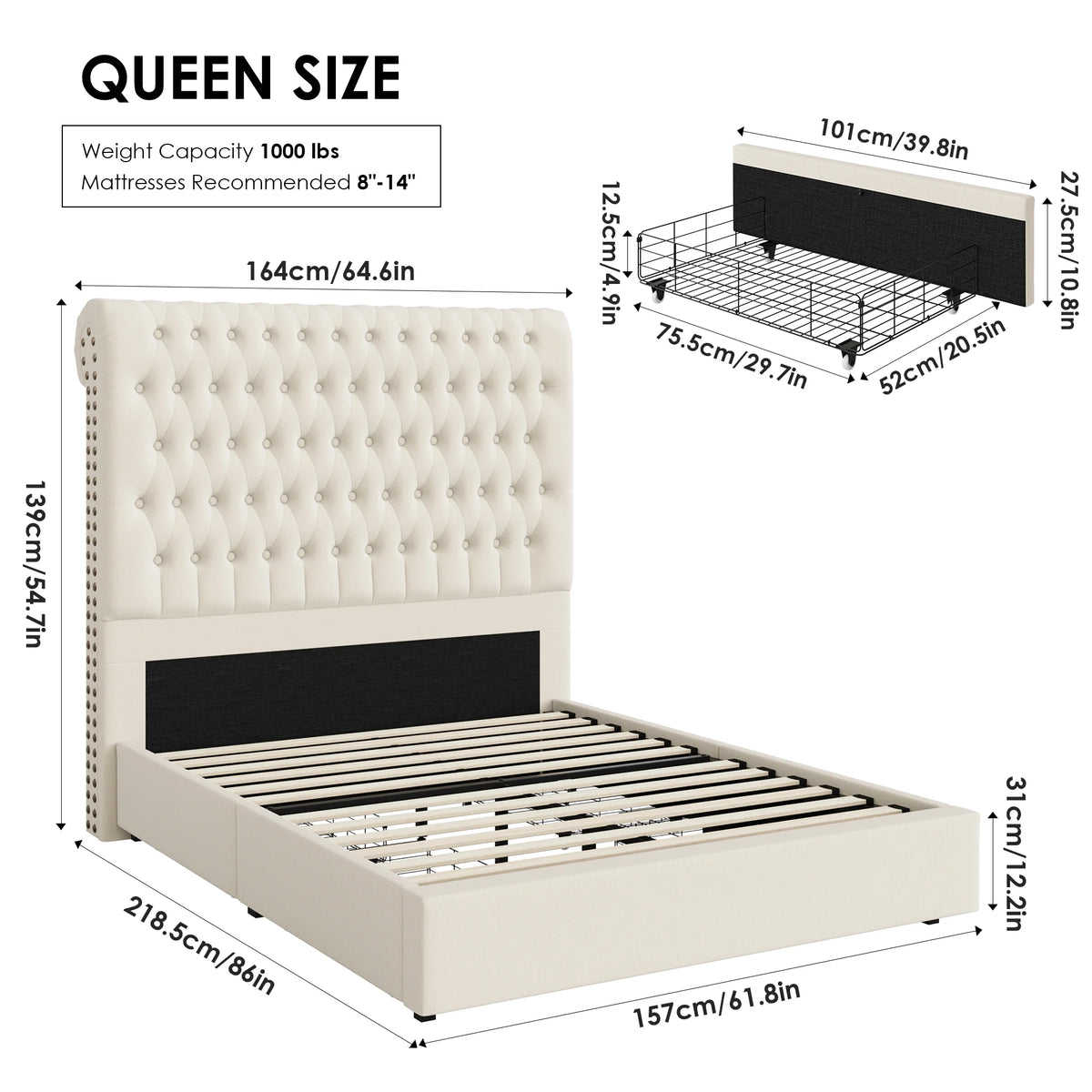 Queen Size Off-white Upholstered Storage Bed Frame with Drawers I70103