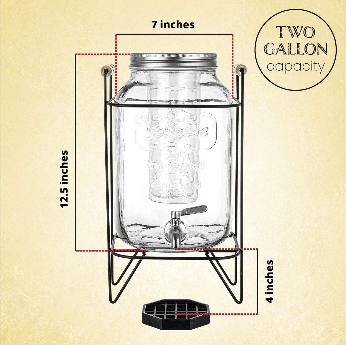 2 Gallon Glass Beverage Dispenser with Metal Wire Stand and Stainless Steel Spigot, Pack of 2 X59317