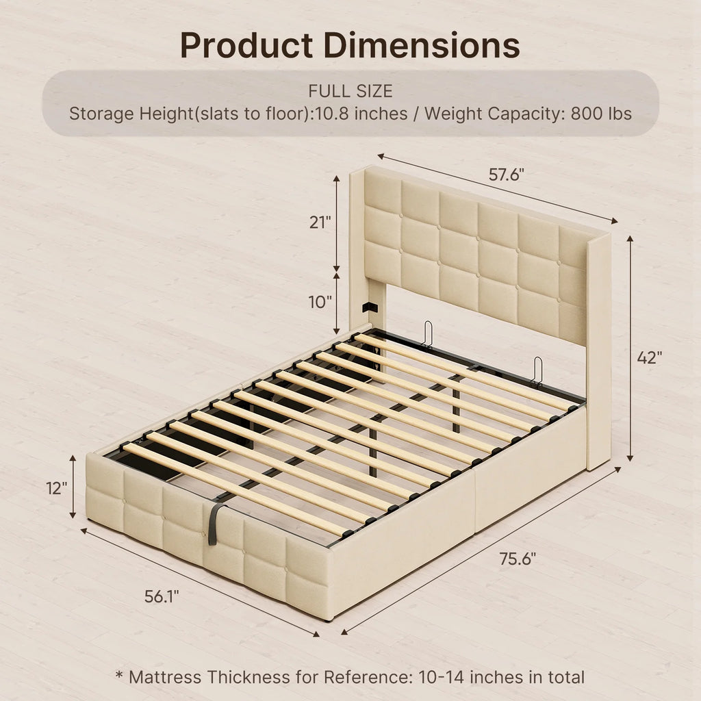 Beige Full Size Hydraulic Storage Bed Frame with Wingback Headboard H88660