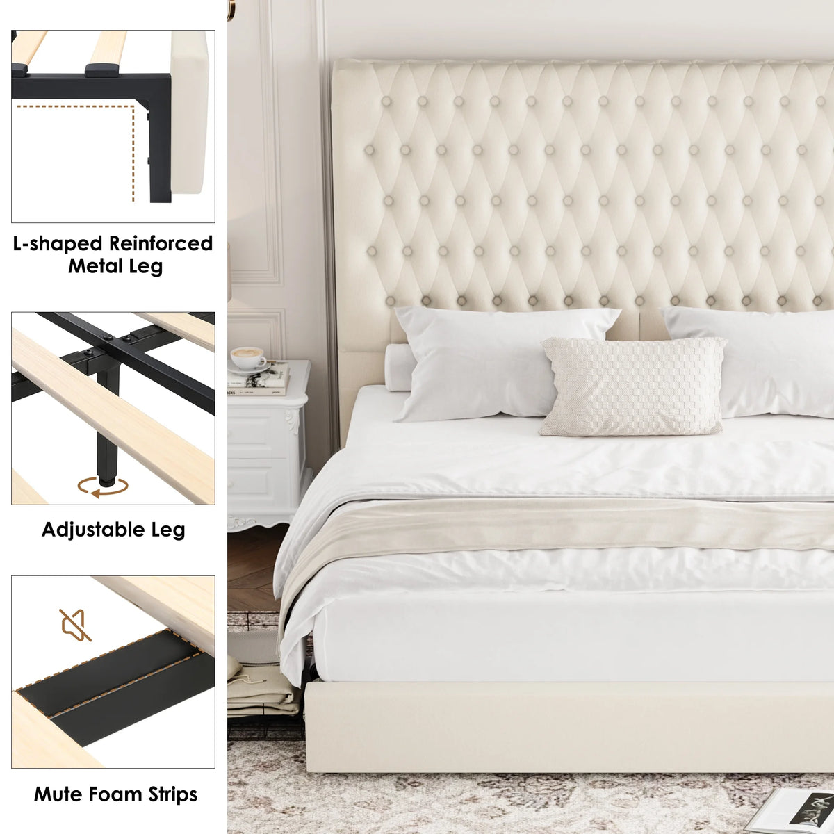 Queen Size Off-white Upholstered Storage Bed Frame with Drawers I70103