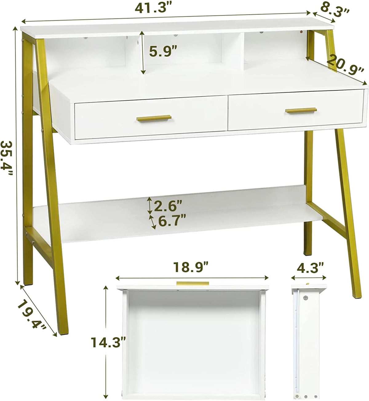 White and Gold Computer Desk with Drawers and Monitor Stand C842455
