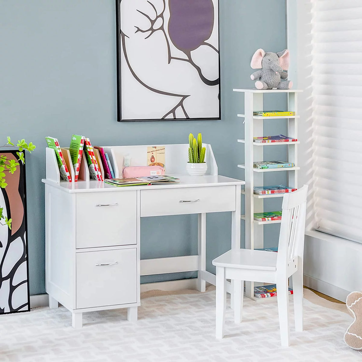 Kids Wooden Desk and Chair Set with Drawer & Storage Cabinets L224903