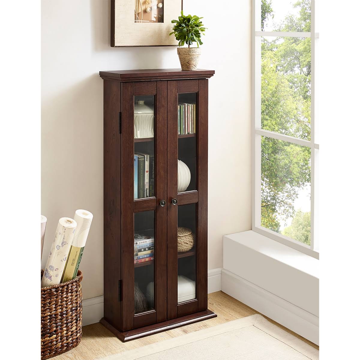 Black Wood Media Storage Tower Cabinet H399642