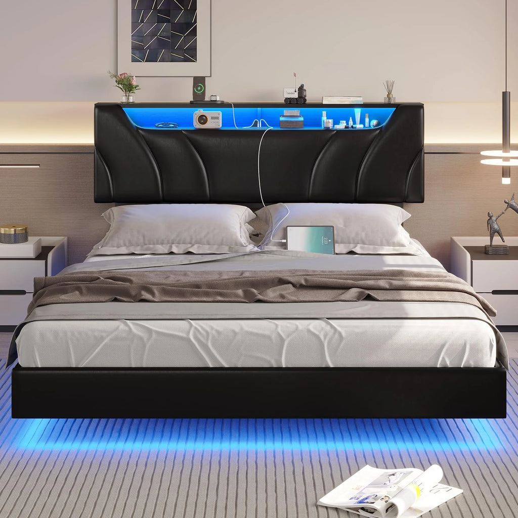 Queen Size Black Upholstered Platform Bed with Storage Headboard X92315