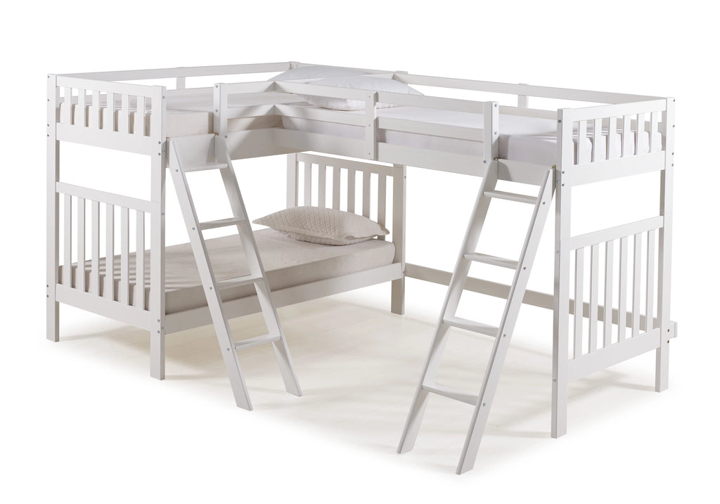 White Twin Over Twin Wood Bunk Bed with Third Bunk Extension L542