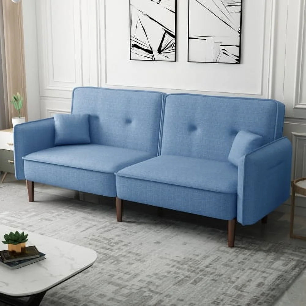 Blue Fabric Futon Sofa Bed with Solid Wood Leg U87350