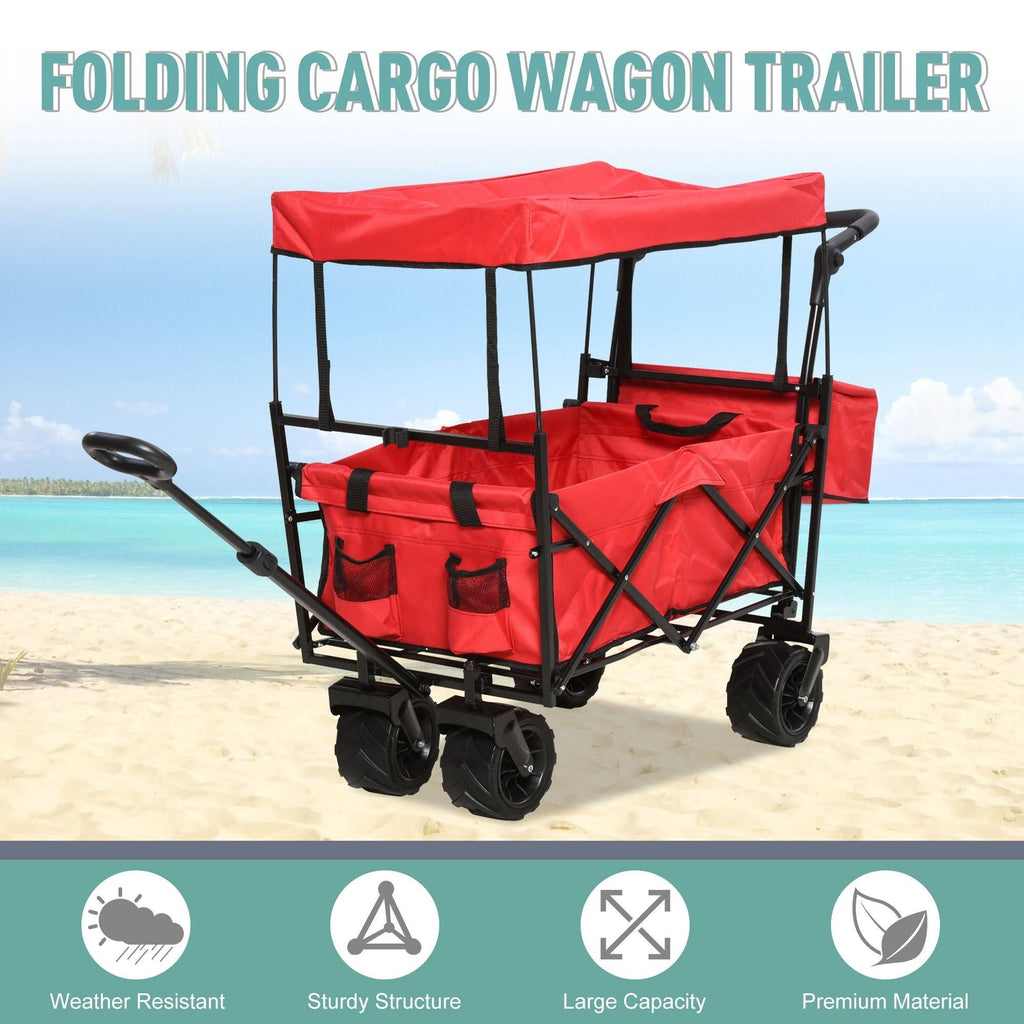 Red Collapsible Garden Utility Cart Wagon with Adjustable Handle, Canopy & All-Terrain Wheels O413