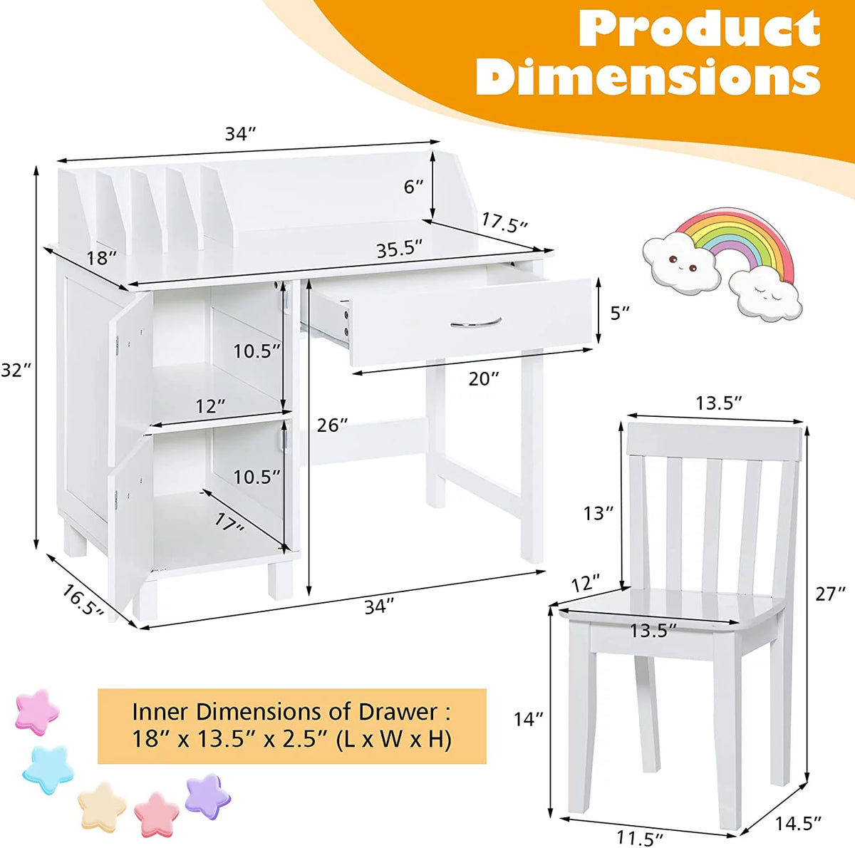 Kids Wooden Desk and Chair Set with Drawer & Storage Cabinets L224903
