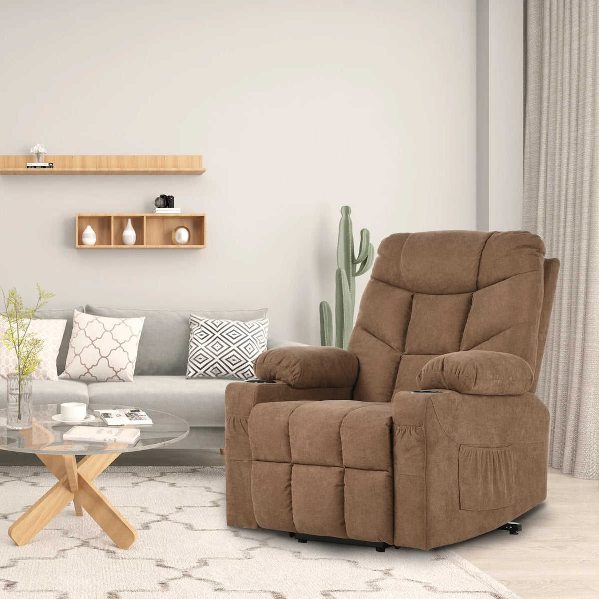 Brown Fabric Power Lift Recliner Chair with Massage and Heat Q79541