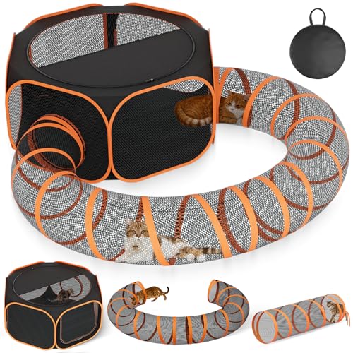 Portable Collapsible Cat Enclosure with Shade Cover 2 Tunnels V5544