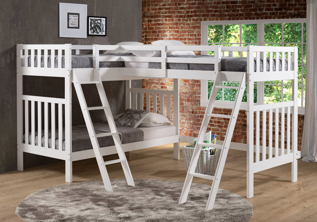 White Twin Over Twin Wood Bunk Bed with Third Bunk Extension L542