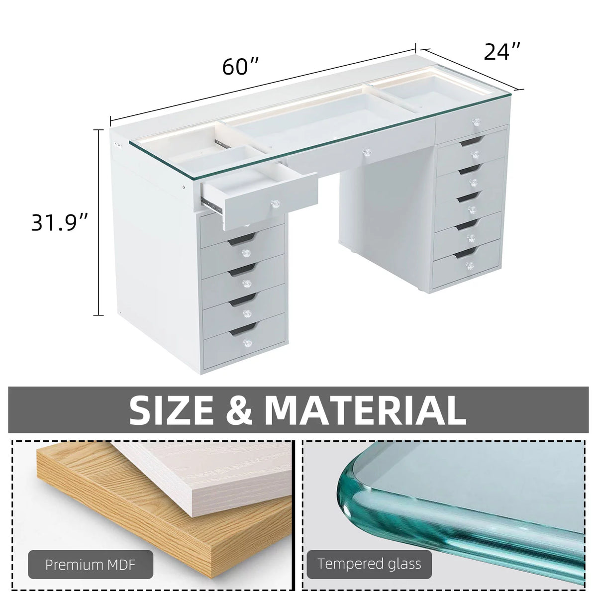 13 Drawers Makeup Vanity Table Desk with Lights F92838