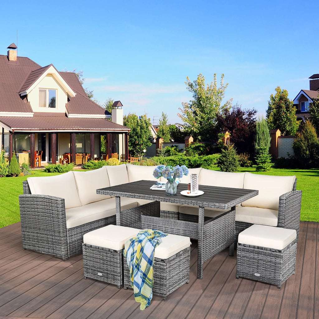 7 Pcs Patio Rattan Dining Set Sectional Sofa Couch Ottoman Black Z49626