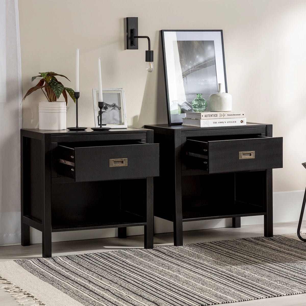 Set of 2 Black One Drawer Storage Nightstand A27569