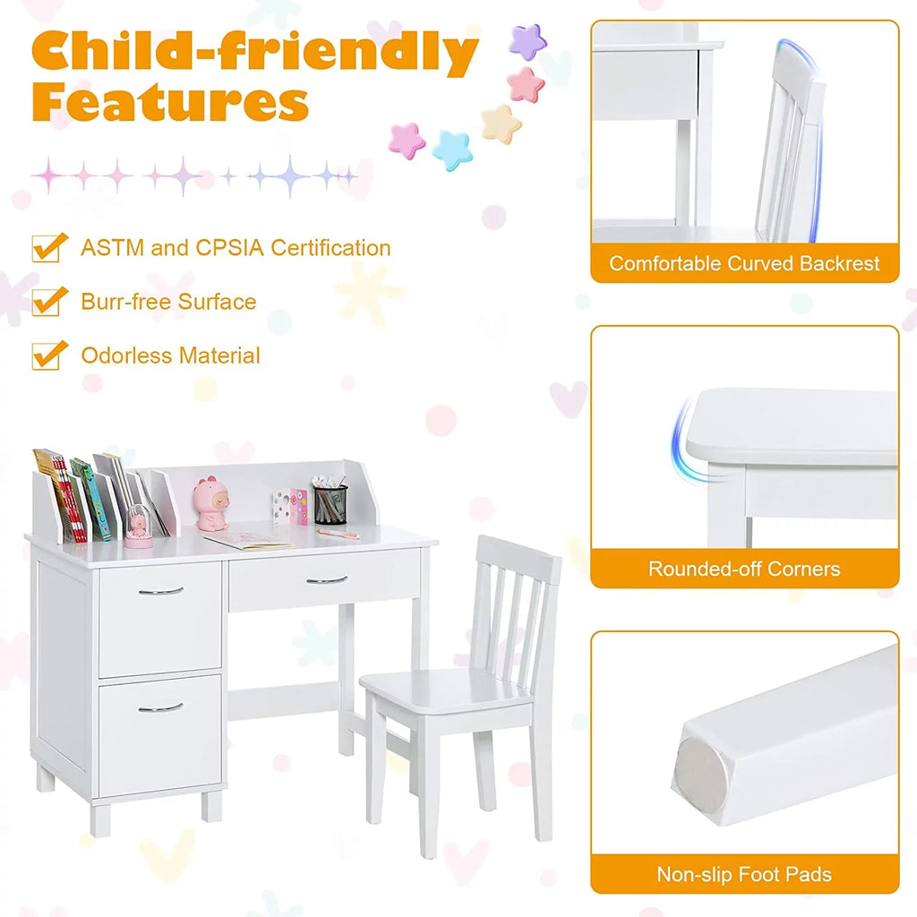 Kids Wooden Desk and Chair Set with Drawer & Storage Cabinets L224903