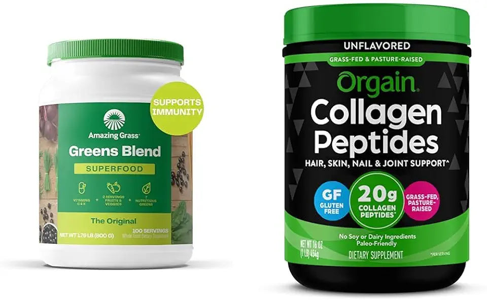 Greens Superfood Blend with Organic Spirulina, Digestive Enzymes - 100 Servings & Hydrolyzed Collagen Peptides Powder, 20g Grass Fed Collagen P614