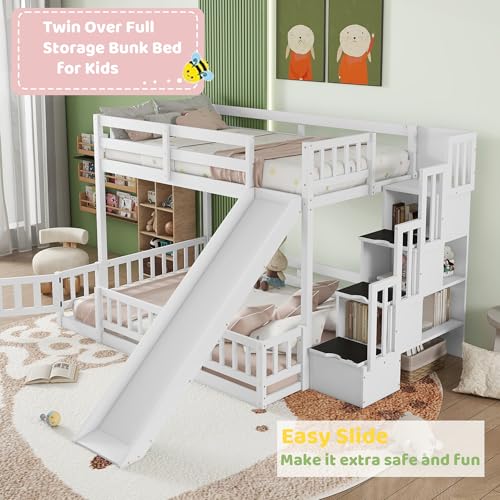 White Twin Over Full Bunk Bed with Slide and Stairs W603
