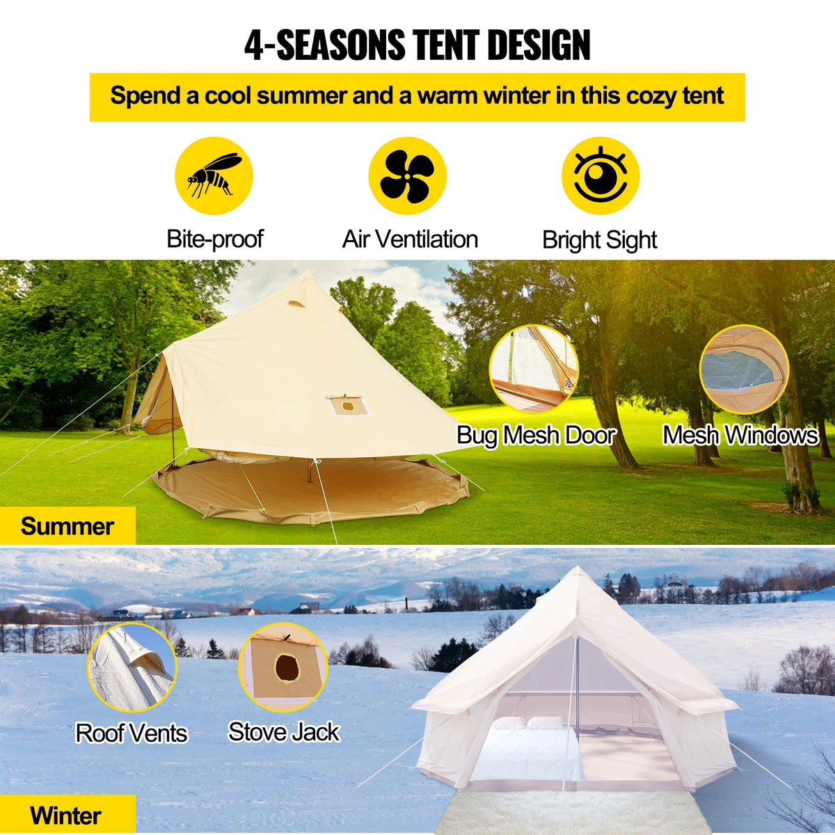 Canvas Bell Tent with Stove Jacket Waterproof 4 Seasons G95514