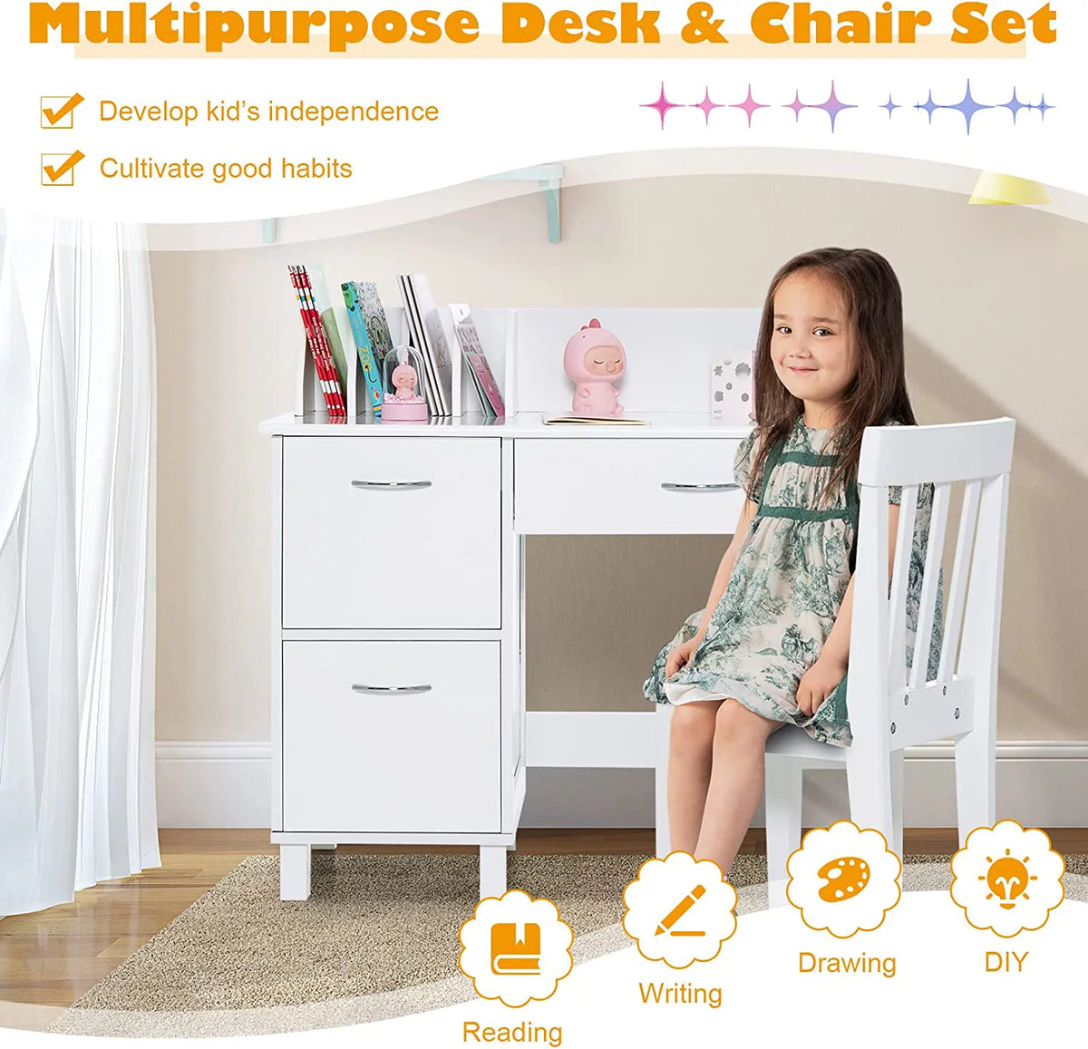 Kids Wooden Desk and Chair Set with Drawer & Storage Cabinets L224903