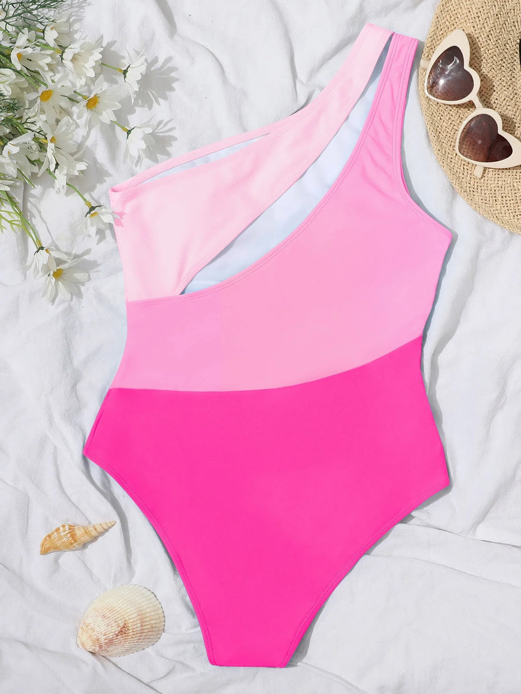 One Piece Color Block One Shoulder Cut Out Swimsuit Hot Pink M F582520