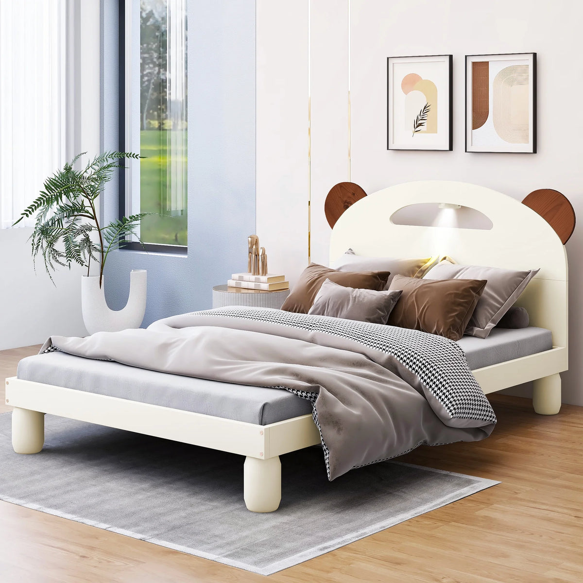 Twin Size Platform Bed with Bear Ears Headboard and LED F6804