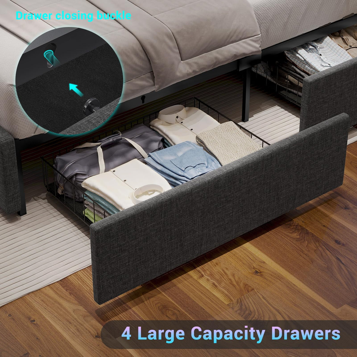 Dark Grey Queen Size Upholstered Platform Bed with 4 Storage Drawers E69959