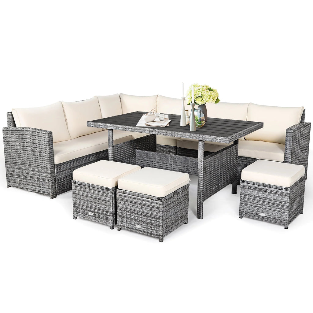 7 Pcs Patio Rattan Dining Set Sectional Sofa Couch Ottoman Black Z49626