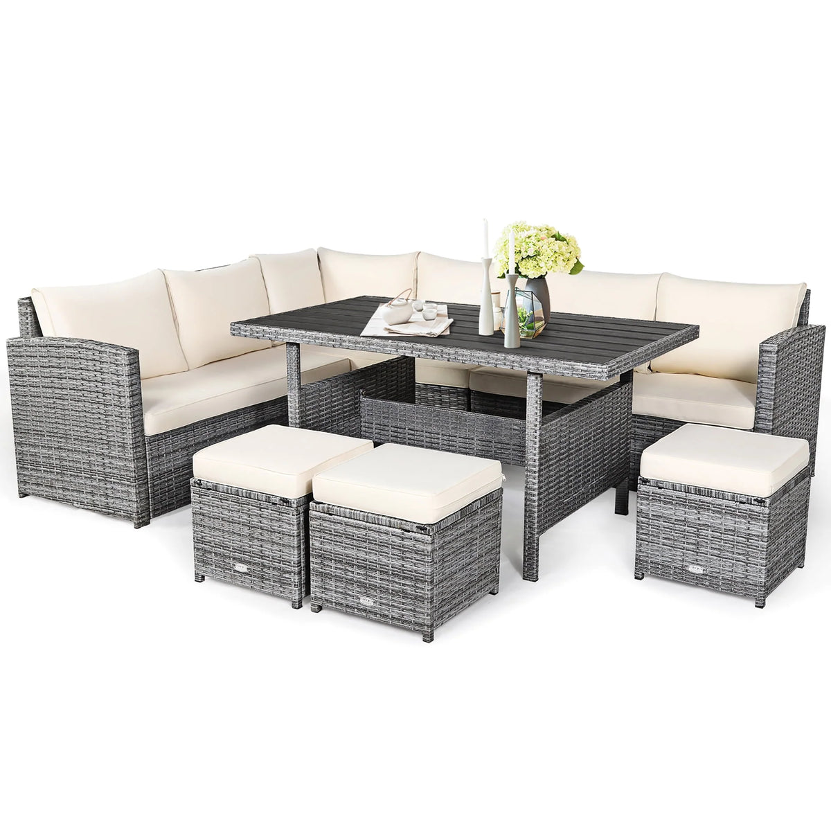 7 Pcs Patio Rattan Dining Set Sectional Sofa Couch Ottoman Black Z49626