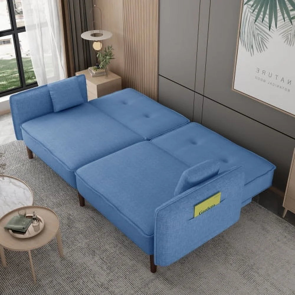 Blue Fabric Futon Sofa Bed with Solid Wood Leg U87350