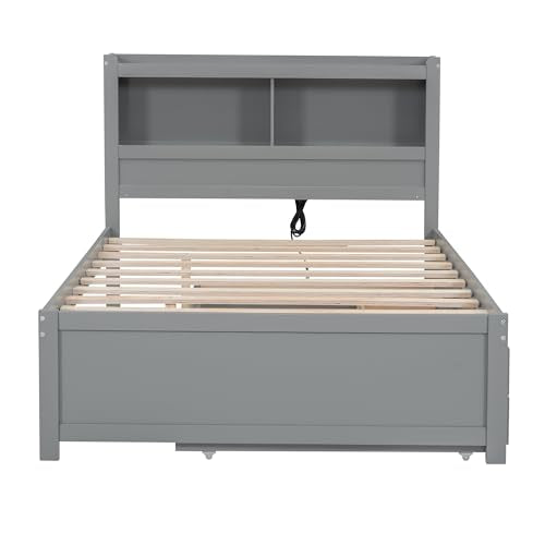 White Full Size Wood Storage Bed with Bookcase Headboard and Trundle C21809