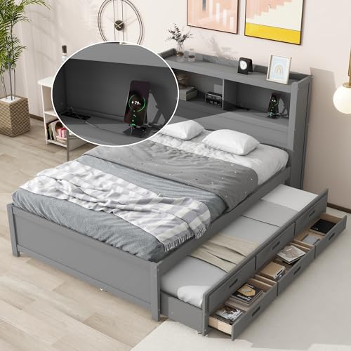 White Full Size Wood Storage Bed with Bookcase Headboard and Trundle C21809