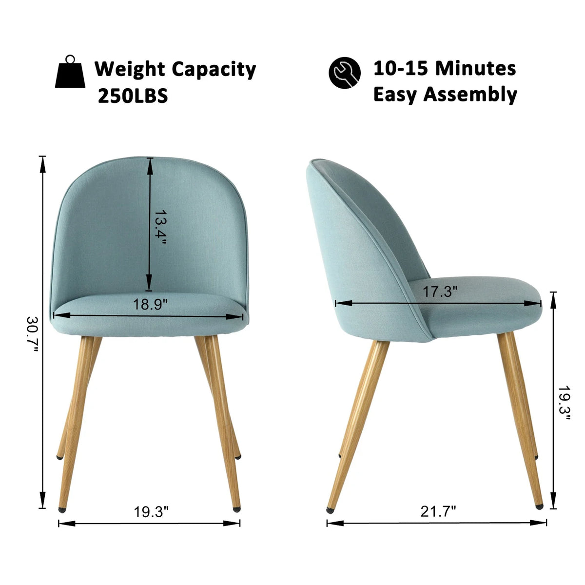 Fabric Upholstered Dining Chairs Set of 2 with Backrest Metal Legs, Power Blue E4368